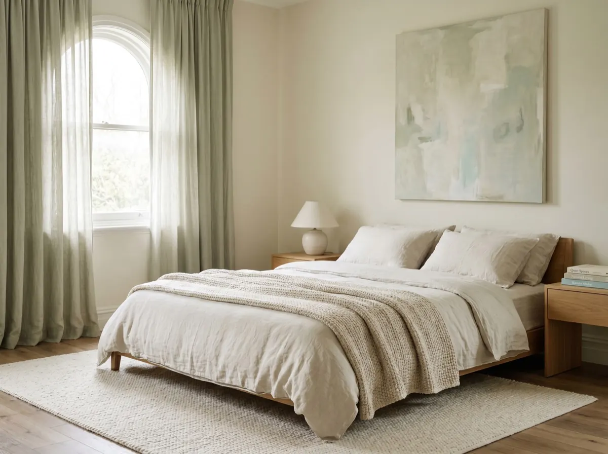 A warm, layered bedroom with soft lighting