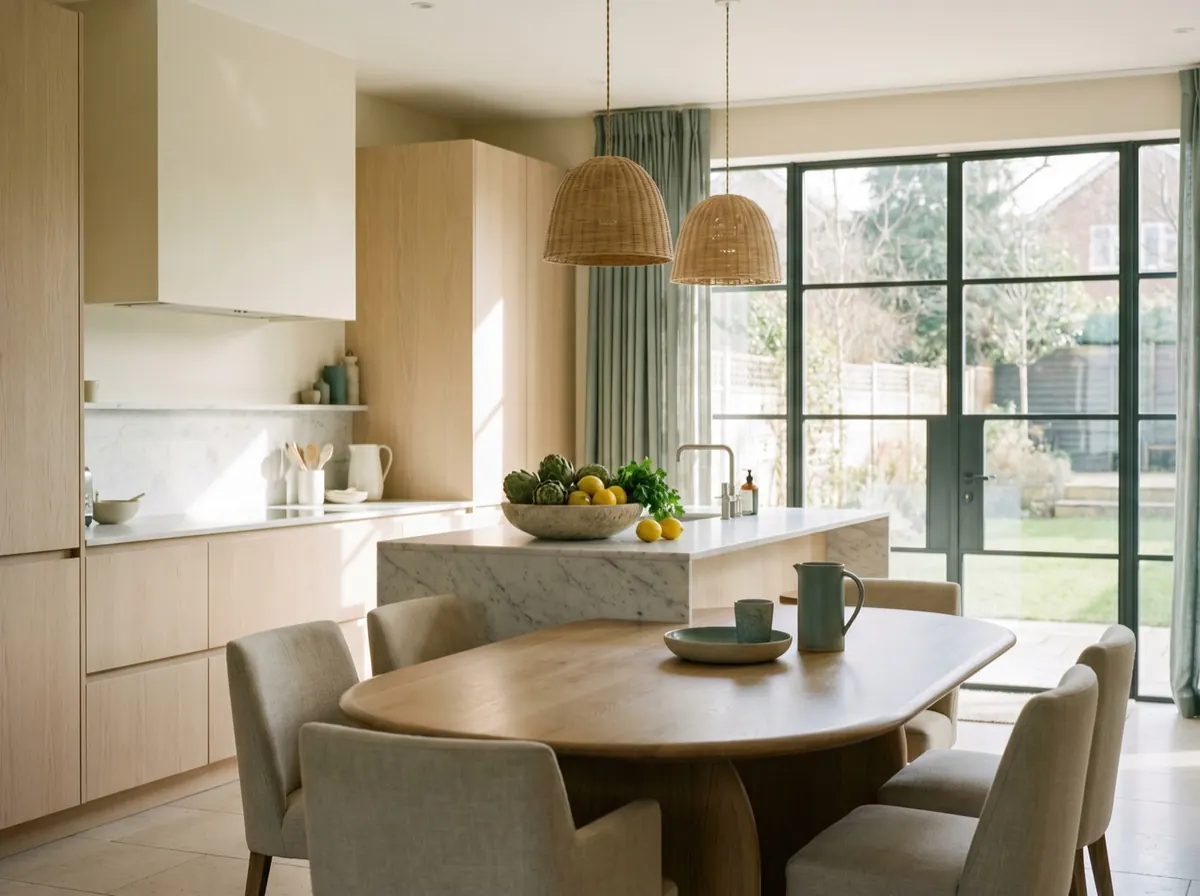 A compact modern kitchen with open shelving