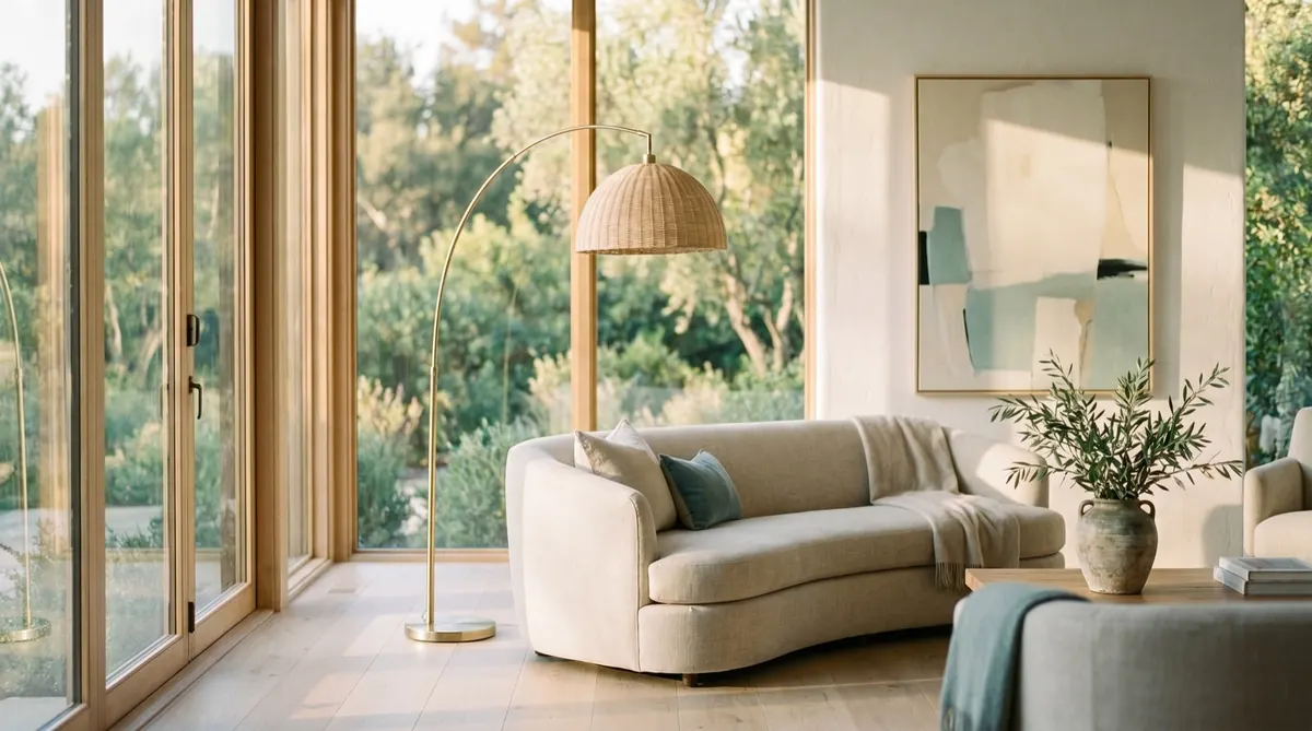 A small living room styled with layered textures and warm light