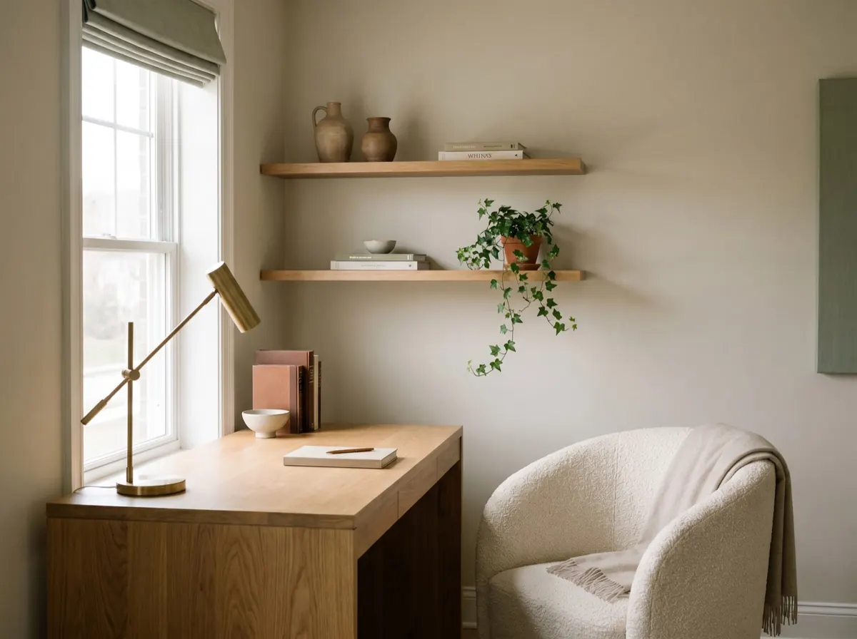 A calm home office corner with natural light