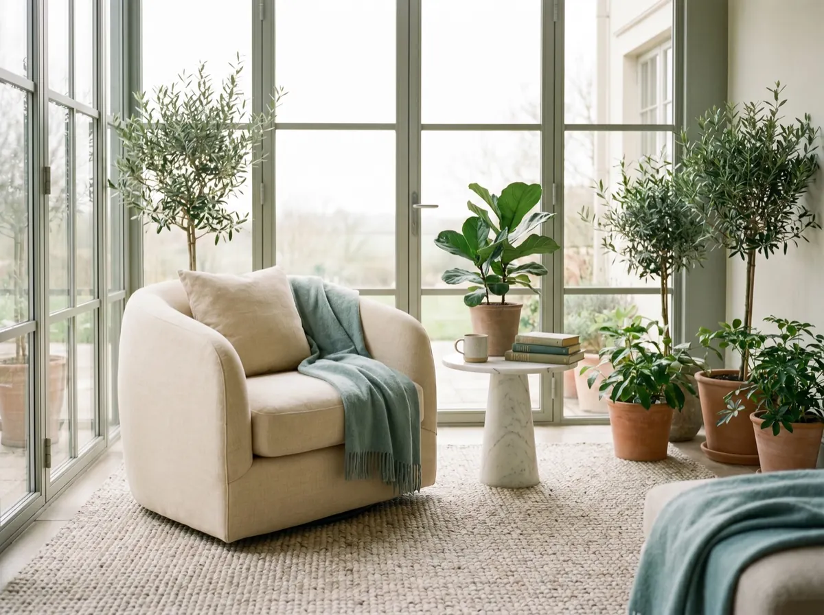A bright sunroom reading nook with plants